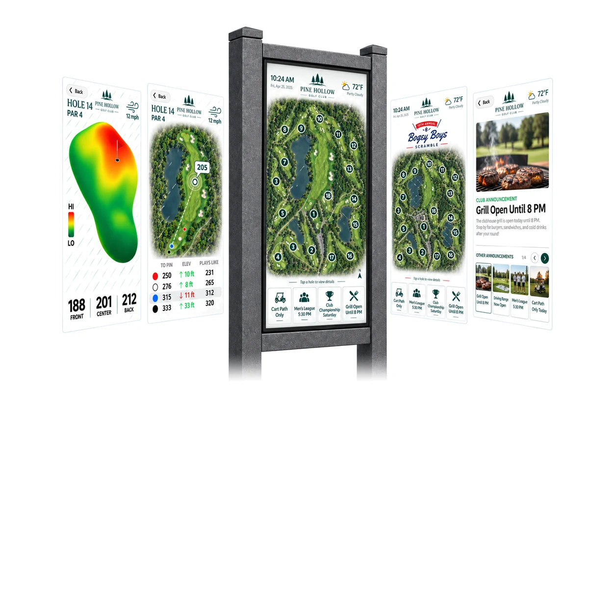 CoursePad clubhouse display with its feature screens