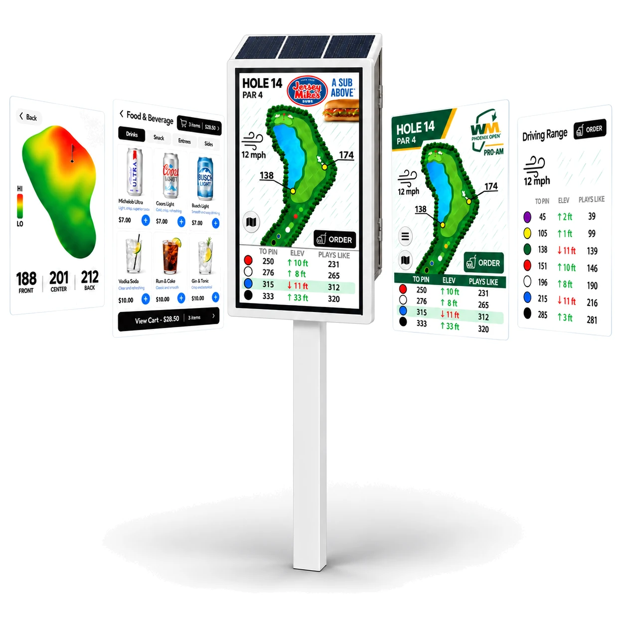 TeePad smart yardage sign with its feature screens